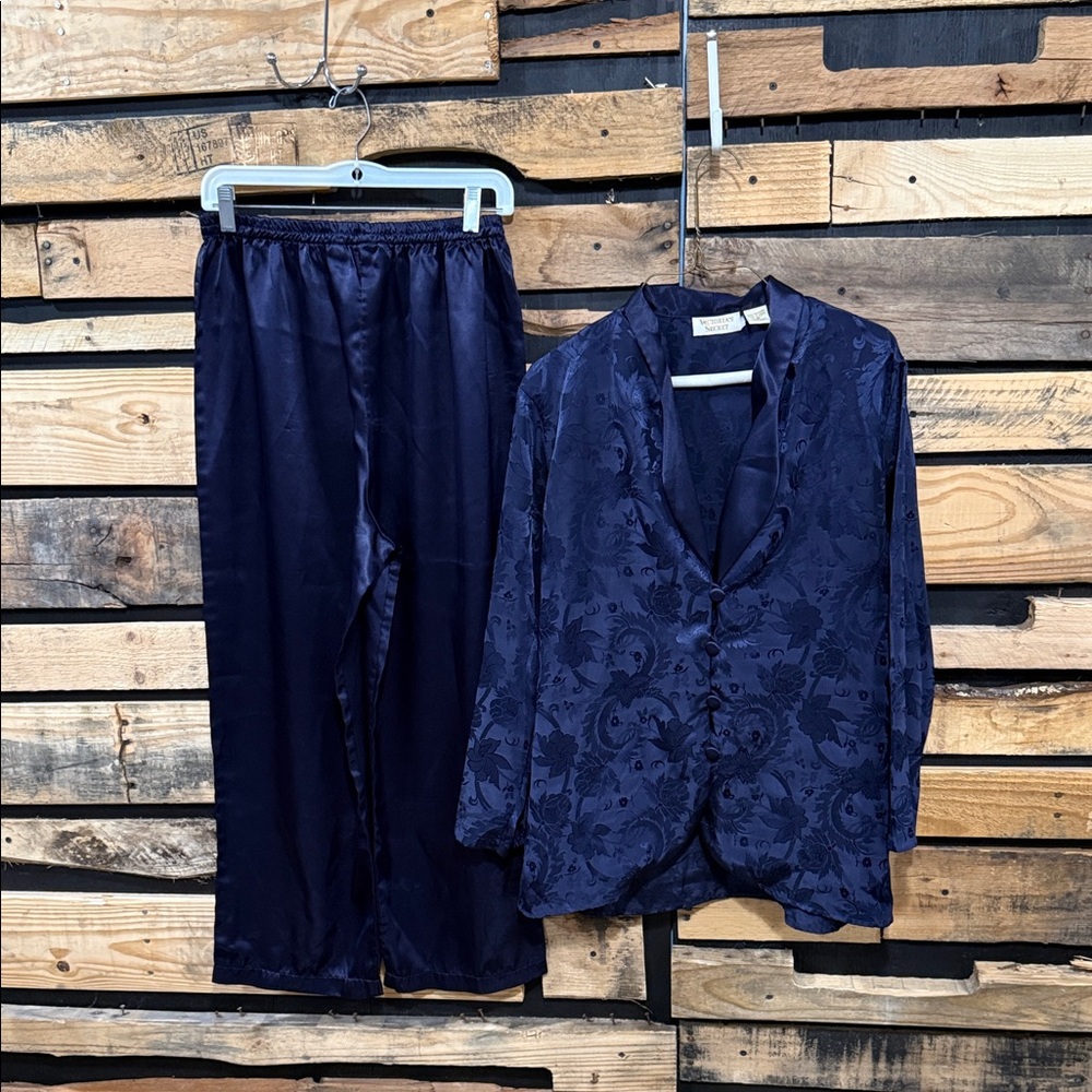 Vintage Victorias Secret Gold Label Y2K Embossed Navy 2 Piece Pajama Set Small